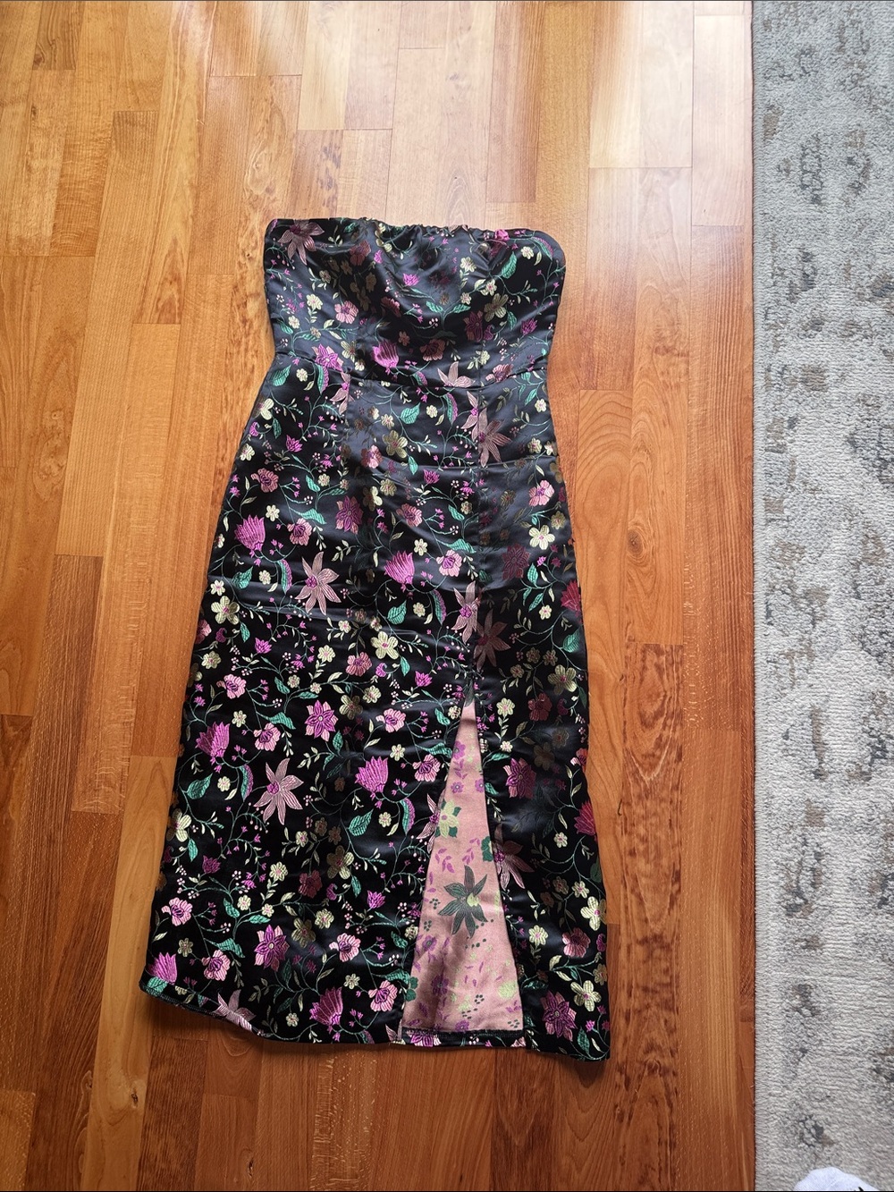 Lulu's Black Floral Strapless Midi Dress with Pink & Green Accents